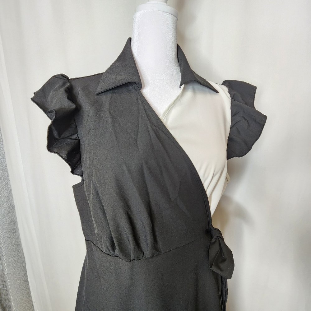 Skue Curve Sz 1XL Black & White Ruffle Sleeve Collar Neck Wrap Dress Tie Waist